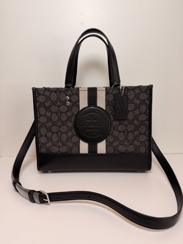 Coach Dempsey Signature Jacquard Tote Black Gray Stripe Leather Trim Shoulder Ba